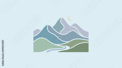 Abstract mountain landscape illustration with river and nature.