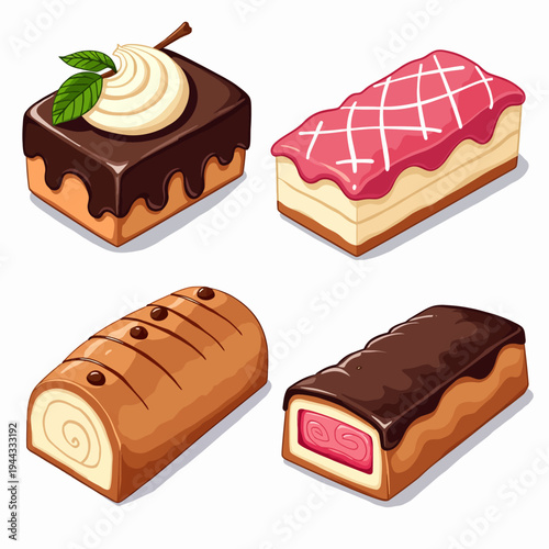 Assorted delicious dessert icons featuring chocolate cake swiss roll and berry pastry slices for bakery menu cafe branding or sweet food social media.
