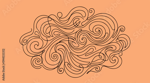 Abstract swirling lines and curls on a peach background.