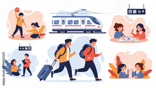 Diverse set of illustrations showing people traveling by train, packing suitcases, and navigating busy transportation hubs.