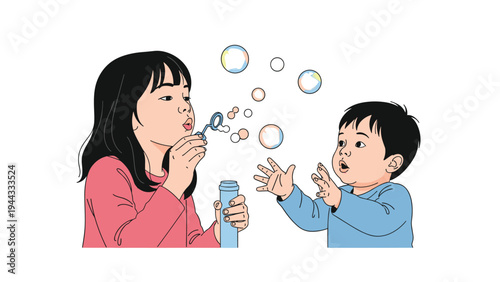 Two happy young children, a girl and a boy, playing together and blowing soap bubbles into the air outdoors.
