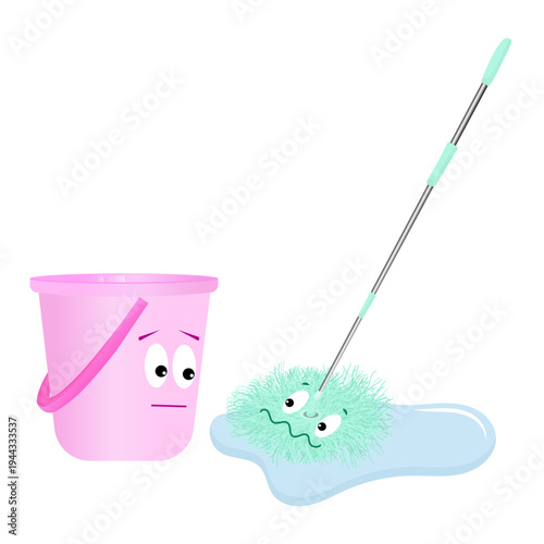 Cute cartoon pink bucket and green mop characters with funny faces on white background. Cleaning supplies mascot illustration with water puddle.