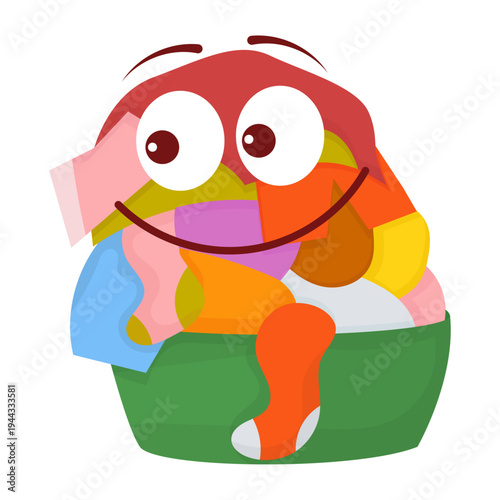Cute happy cartoon laundry basket character overflowing with colorful clothes. Funny anthropomorphic mascot illustration on white background.