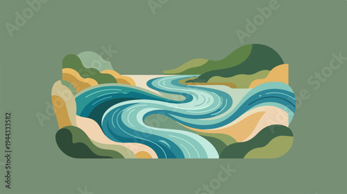 Artistic illustration of a winding river flowing through a scenic landscape.