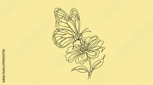 Butterfly perched on a flower, delicate line art illustration.