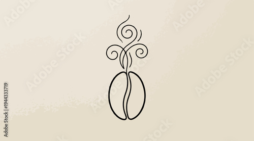 Coffee bean with steam, simple line art design on beige background.