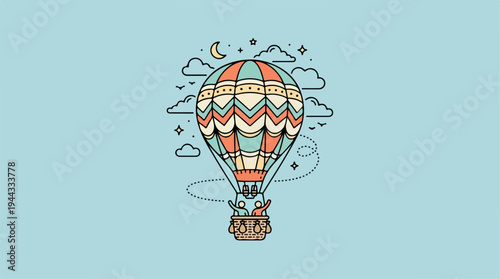 Colorful hot air balloon floating in the sky with clouds and stars.