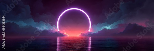 wide neon portal emitting soft vapor light, surreal fantasy horizon , fountain at night