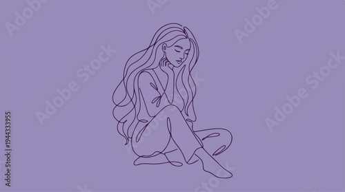 Contemplative woman sitting with long hair in a purple background.