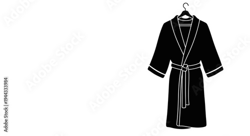 Black Bathrobe Hanging on a Hanger, Minimalist Silhouette, Spa and Relaxation