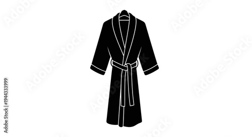 Black bathrobe with white trim and belt, isolated on white background, minimalist style