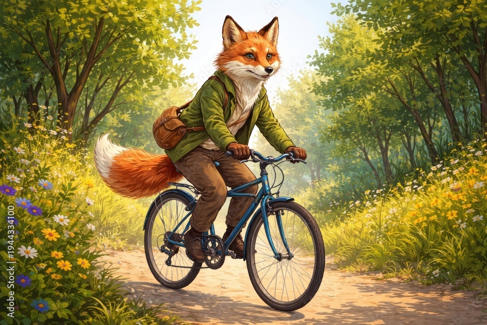 Fototapeta premium Fox cycling through vibrant forest