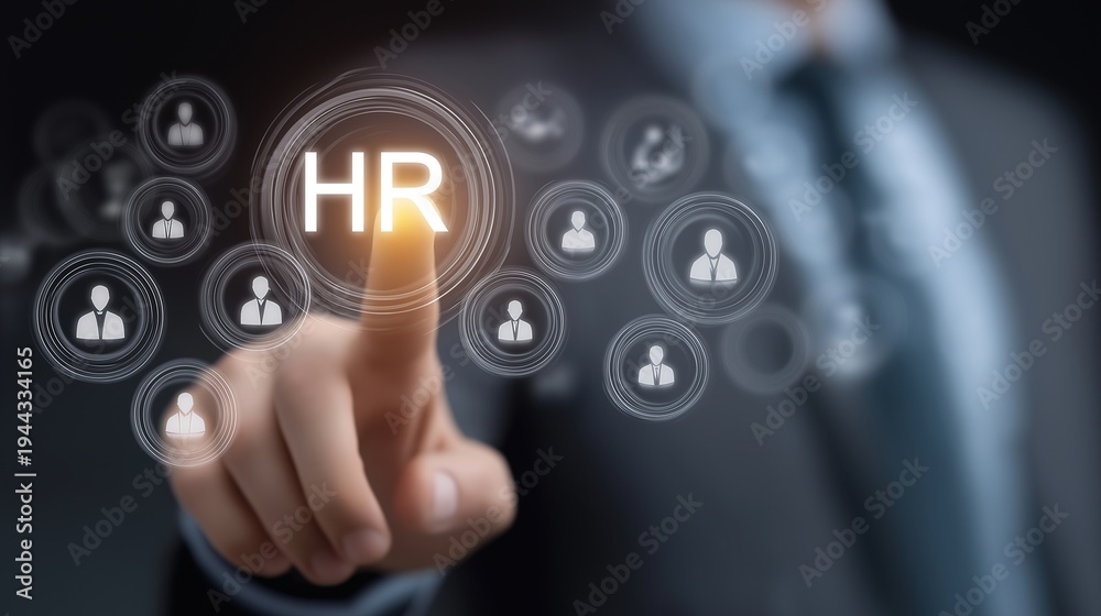 Fototapeta premium Human Resources Management and Digital Talent Acquisition Concept with Businessman Touching HR Icon and Virtual Employee Profiles for Recruitment, Leadership, and Workforce Planning