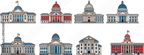 Vector illustration of classical government and institutional buildings with domes and columns for architecture, education, and civic artwork