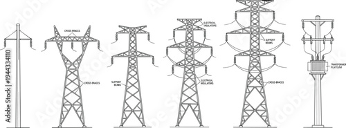 Electric power transmission towers and utility poles engineering diagram showing structure types, cross braces, electrical insulators and support beams vector illustration