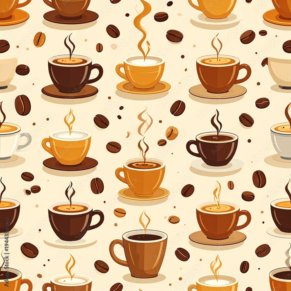 Obraz premium A delightful seamless pattern featuring various steaming coffee cups in warm brown and orange tones, interspersed with scattered coffee beans on a light background.