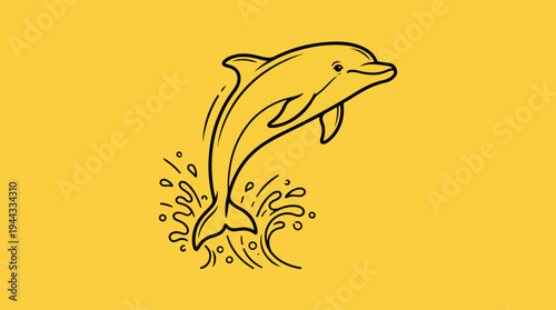 Dolphin leaping from the water in a beautiful illustration on yellow background.