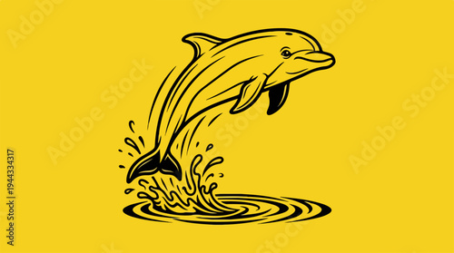 Dolphin leaping out of water with splash illustration on yellow background.