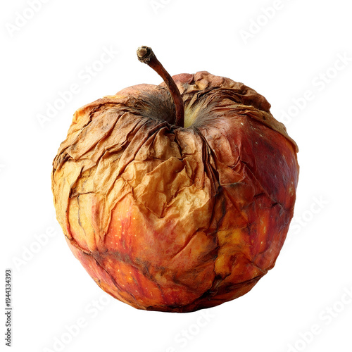 One rotten apple with wrinkles isolated on white
