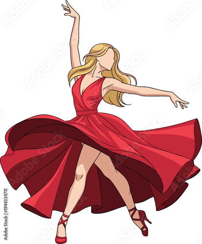 Elegant Woman Dancing in Flowing Red Dress Graceful Female Dancer Performing Ballet or Modern Dance Artistic Vector Illustration