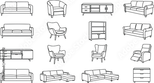 Modern furniture outline icon set featuring sofas armchairs cabinets shelves recliners and living room seating vector illustration collection