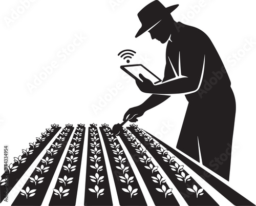 Farmer utilizing modern technology in a field a striking black silhouette high quality
