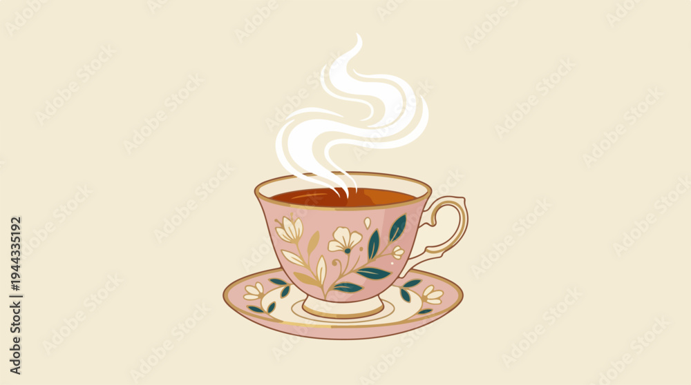 Obraz premium Elegant floral teacup with steam rising, a warm beverage.