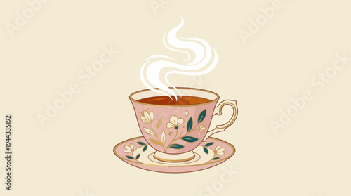 Elegant floral teacup with steam rising, a warm beverage.