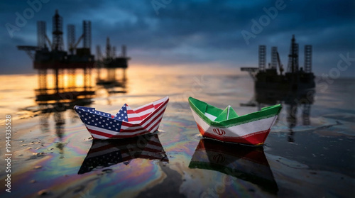 Paper boats with American and Iranian flags floating on oil near oil rigs at sunset, reflecting colors, concept of geopolitical rivalry, economic sanctions, resource control, Middle East conflict