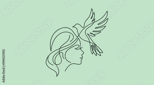 Elegant line art of a womans profile with a dove soaring above her head.