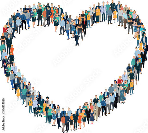 foule de personnes, familles, personnes âgées, enfants, hommes et femmes formant un coeur en signe de solidarité et d'amour