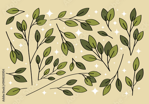 Set of hand drawn branches and leaves of bushes and trees. Aesthetic collection of plant icons. Ideal for decorating and framing flyers, greeting cards, stickers, posters, invitations, social media.