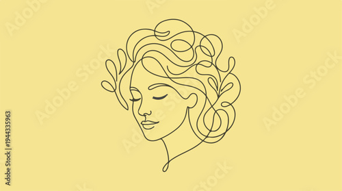 Elegant line art portrait of a woman with closed eyes and curly hair.