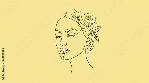 Elegant Line Art Portrait of a Woman with Floral Adornment.