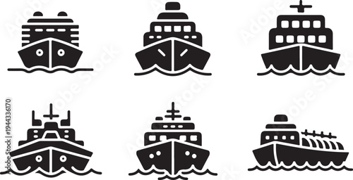 A collection of black ship outlines including cruise liners and ferries silhouette