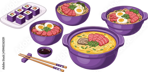 Japanese Ramen and Sushi Vector Illustration Set with Bowls, Noodles, and Sushi Rolls for Culinary, Asian Cuisine, and Food-Themed Designs