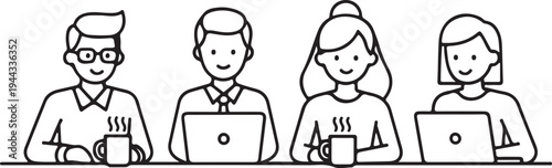 Four people working on laptops depicted in a minimalist black outline silhouette