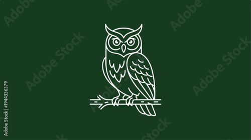 Elegant owl perched on a branch, minimalist design on green background.
