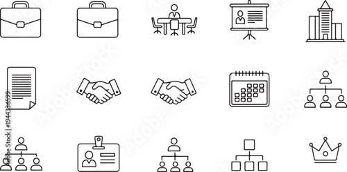Business icons depicting meetings documents and leadership in a flat silhouette high quality