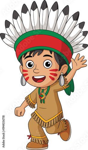 Cute Cartoon Indigenous Kid Character Wearing Feather Headdress and Traditional Tribal Costume Waving Happily, Playful Cultural Mascot Illustration for Children Education, Festival and Heritage Themes