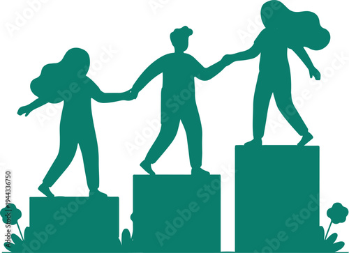 Abstract digital art vector with human silhouettes on ascending blocks, teamwork holding hands, plants, and surreal empowerment design