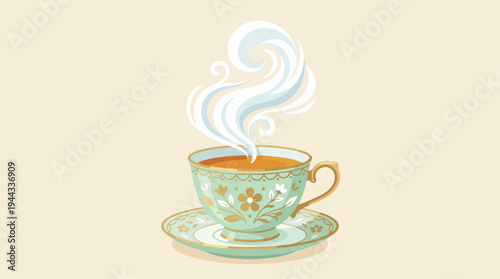 Elegant teacup with steam rising, a warm beverage.