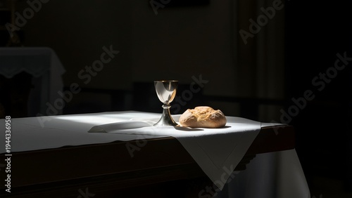 A communion chalice and bread on a church altar representing the Eucharist.