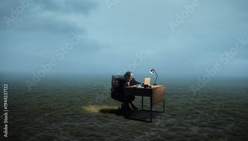Billede på lærred Businesswoman working alone at desk with laptop and lamp in foggy field at night, atmospheric concept of ambition, and deep strategic thinking away from corporate routine