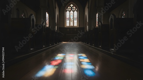 Colorful stained glass light reflecting across a church aisle leading to the altar.