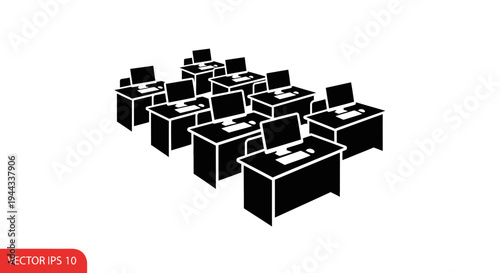 Multiple office desks with computers.