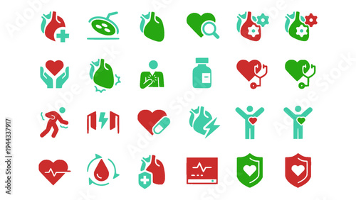 Collection of healthcare and medical icons including heart, medicine, protection, and health monitoring symbols.