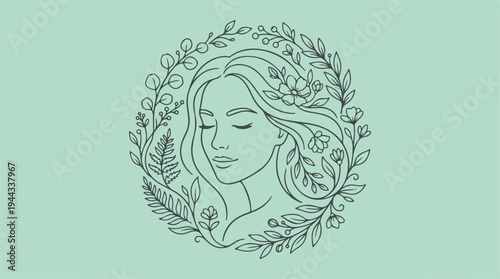 Elegant woman with floral hair and a serene expression, minimalist art.