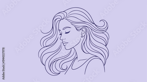 Elegant woman with flowing hair, serene and contemplative pose.