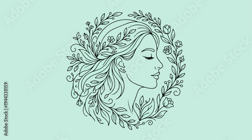 Elegant womans profile surrounded by floral wreath, nature-inspired design.